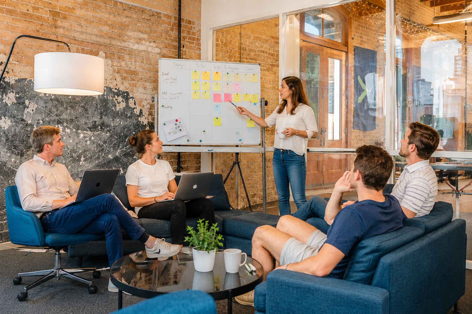 Ομάδα σε hybrid meeting με whiteboard και laptops