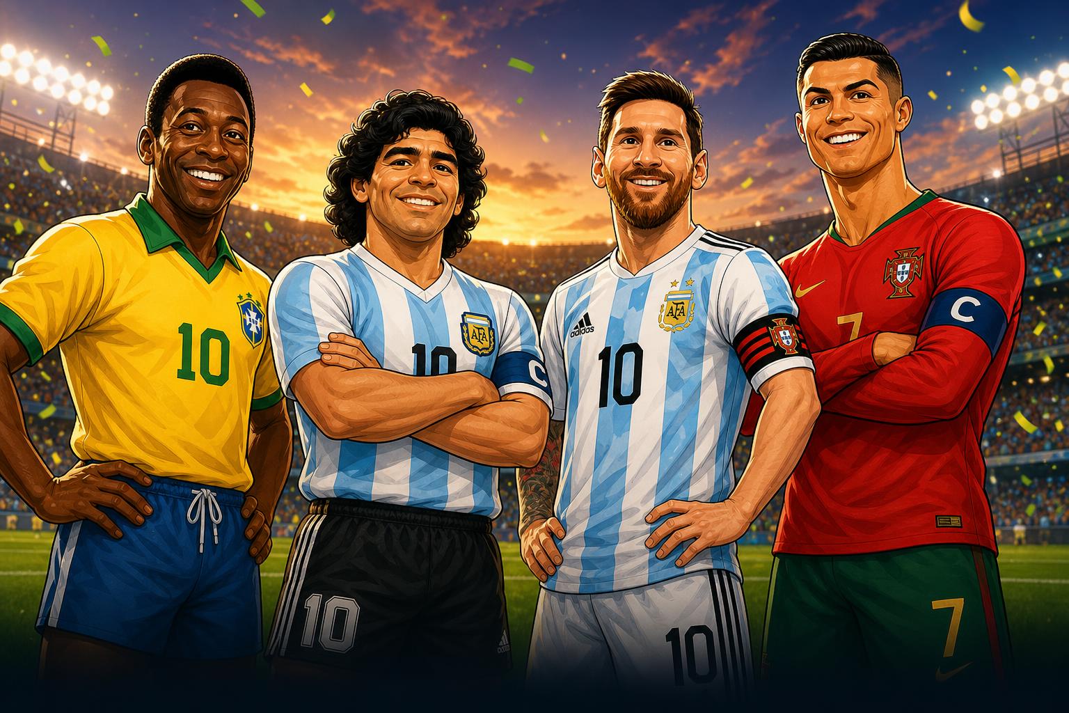 Cartoon illustration των Pelé, Maradona, Messi και Cristiano Ronaldo σε γήπεδο ποδοσφαίρου